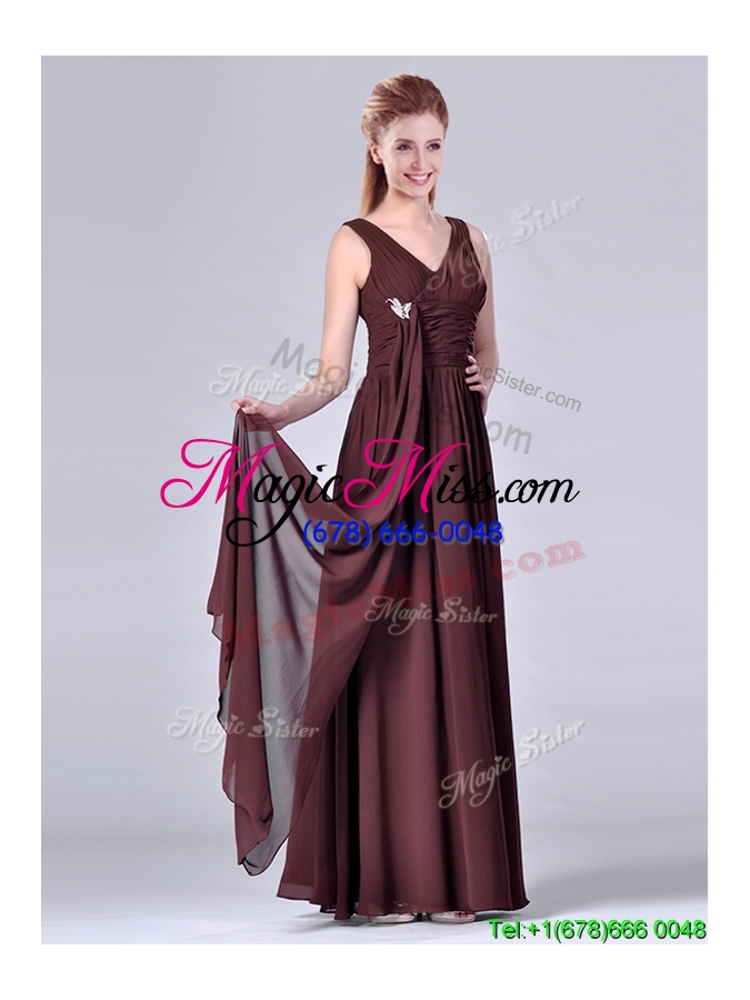 wholesale simple empire v neck chiffon long  mother groom dress in brown