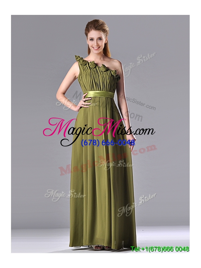 wholesale empire one shoulder ruched and belt mother groom dress in olive green