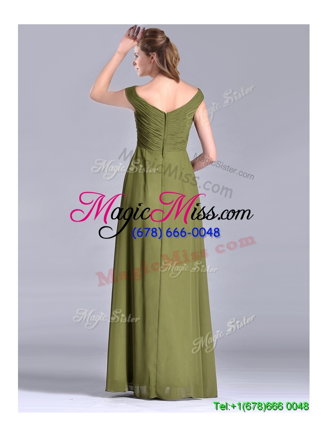 wholesale elegant  empire v neck chiffon olive green mother groom dress with ruching