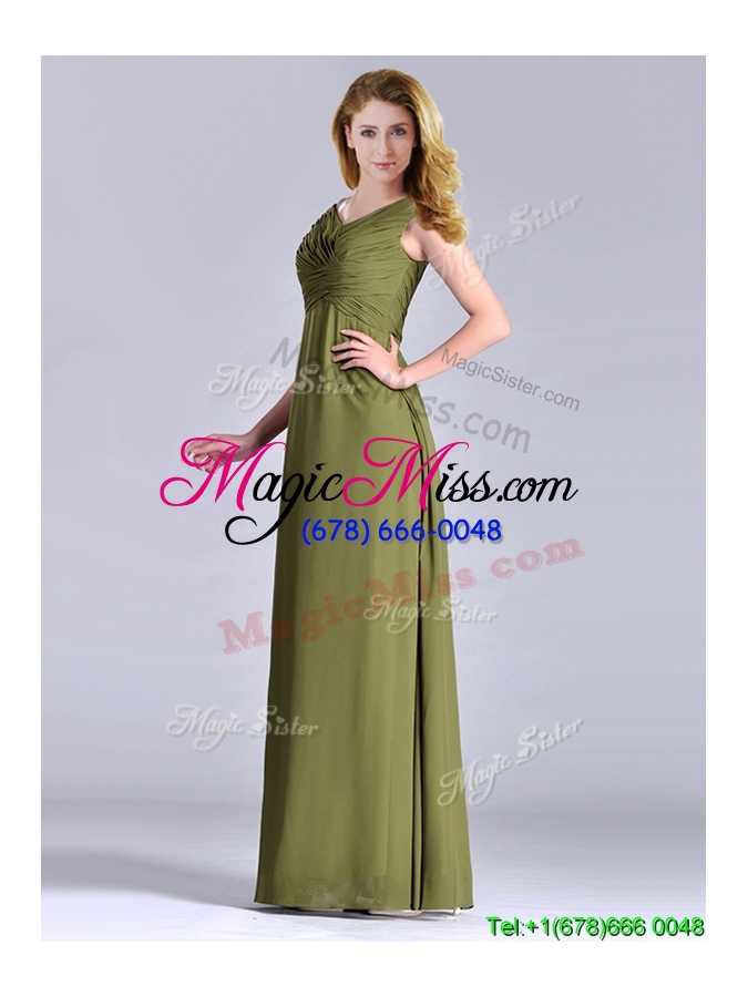 wholesale elegant  empire v neck chiffon olive green mother groom dress with ruching