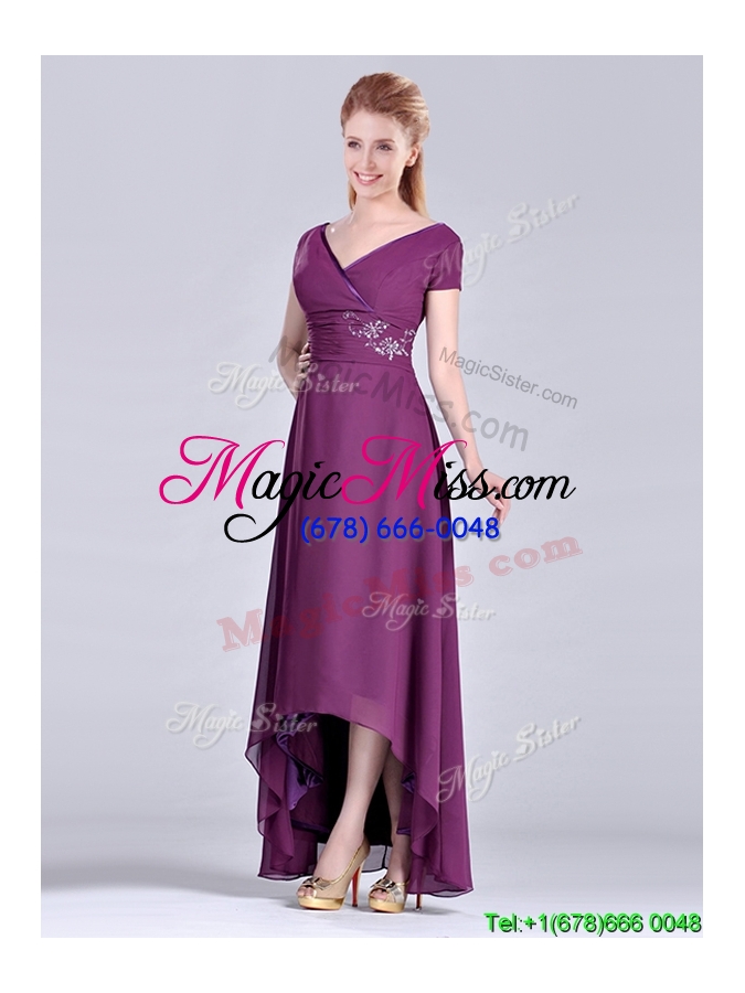 wholesale short high-low chiffon dark purple short sleeves mother groom dress with v neck