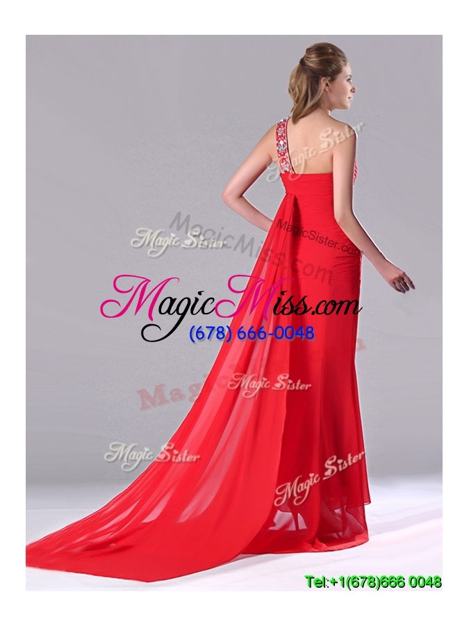wholesale pretty column one shoulder watteau train chiffon coral red cheap dress with beaded