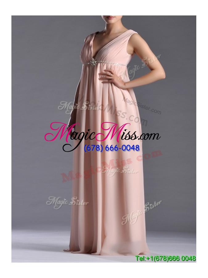 wholesale simple empire chiffon ruching long pink mother groom dress with v neck