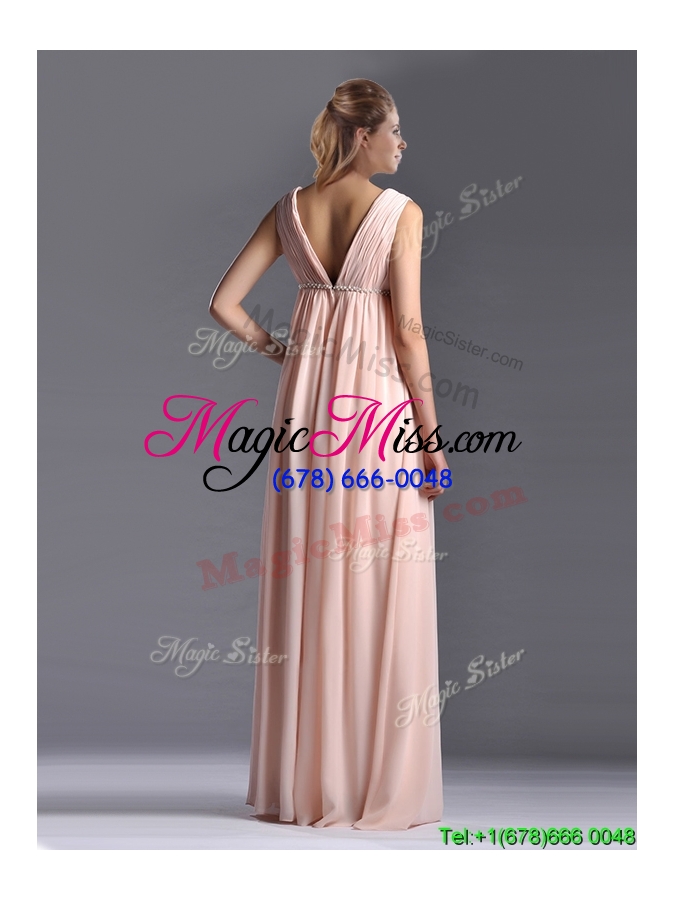 wholesale simple empire chiffon ruching long pink mother groom dress with v neck