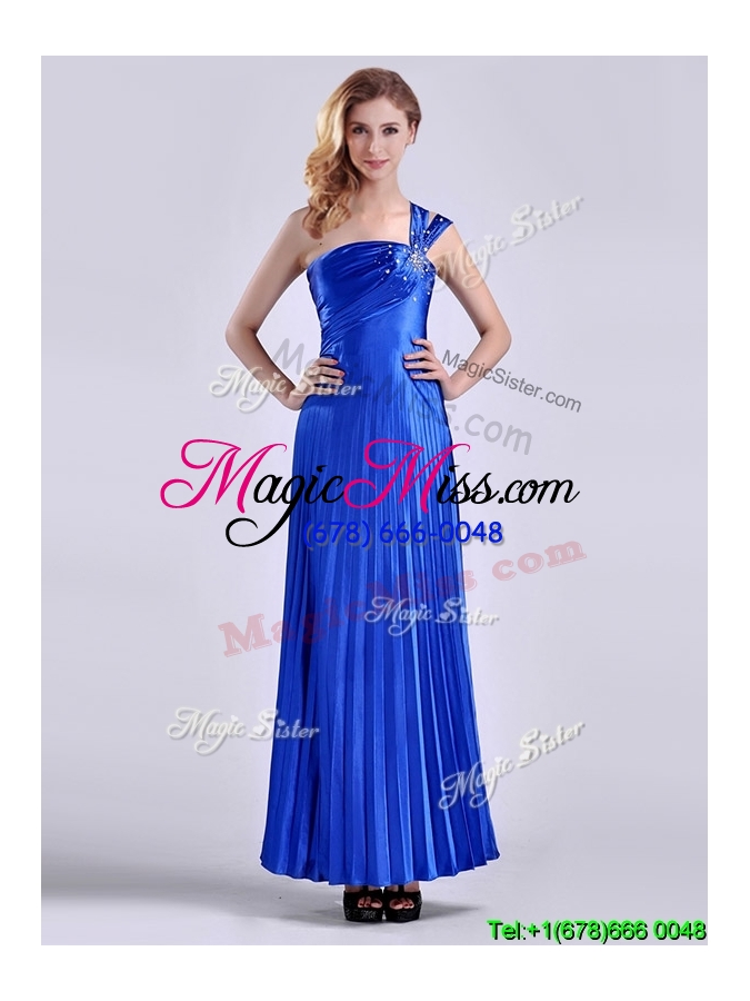 wholesale sexy royal blue ankle length prom dress with beading and pleats