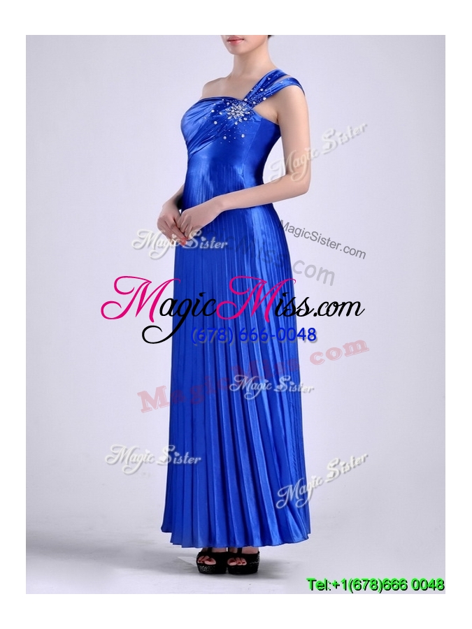 wholesale sexy royal blue ankle length prom dress with beading and pleats