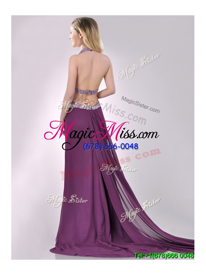 wholesale sexy cut out waist halter top prom dress with brush train