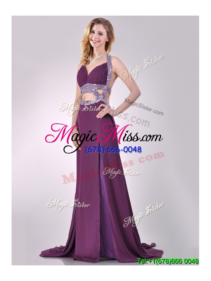 wholesale sexy cut out waist halter top prom dress with brush train