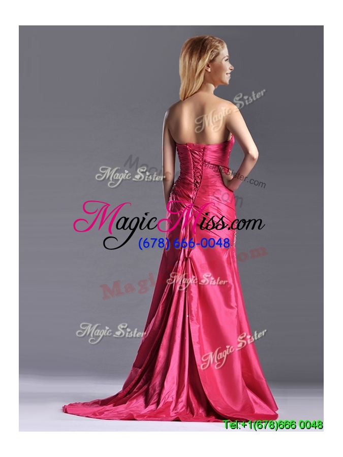 wholesale sexy beaded and ruched coral red column prom dress with brush train