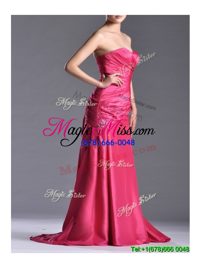 wholesale sexy beaded and ruched coral red column prom dress with brush train