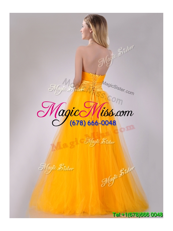 wholesale sexy  a line beaded tulle gold prom dress with lace up