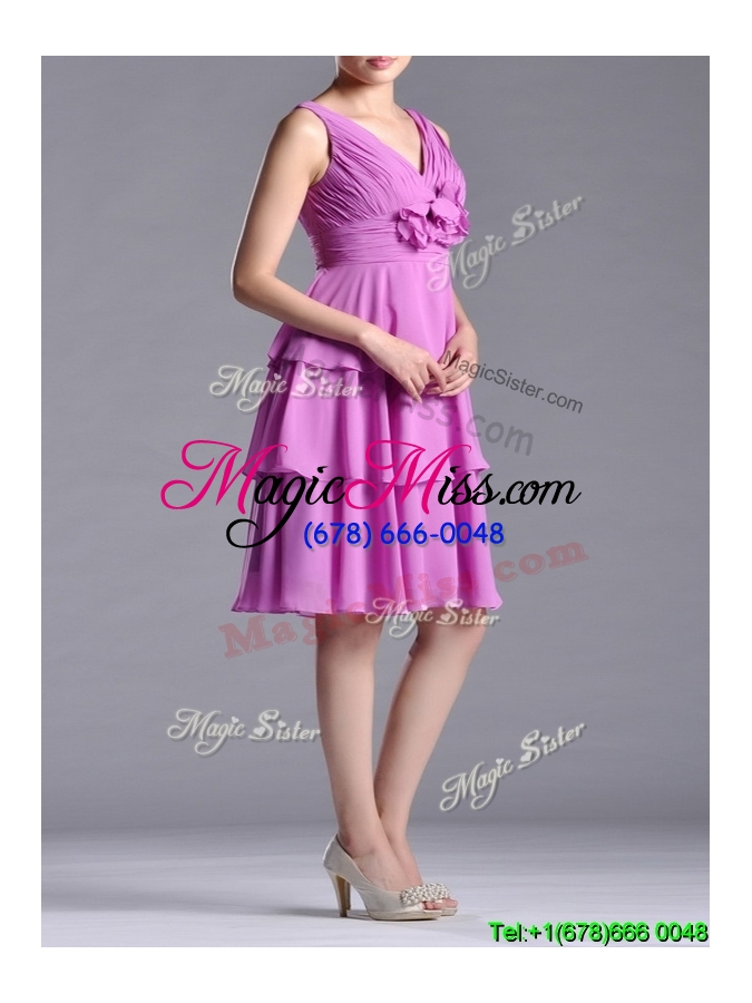 wholesale classical v neck lilac prom dress with handcrafted flower and ruching