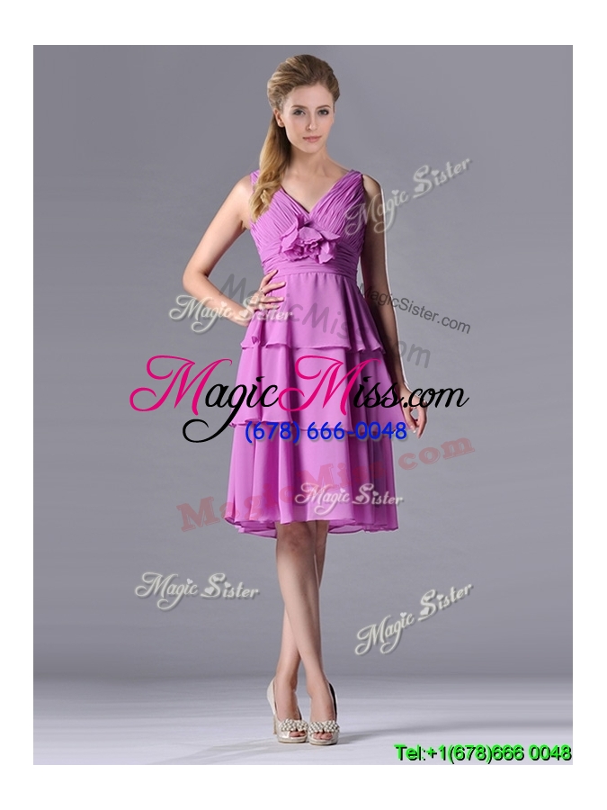 wholesale classical v neck lilac prom dress with handcrafted flower and ruching