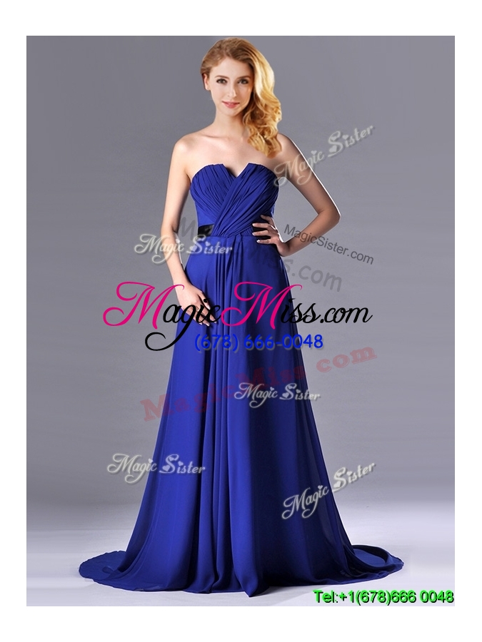 wholesale luxurious empire chiffon royal blue prom dress with brush train