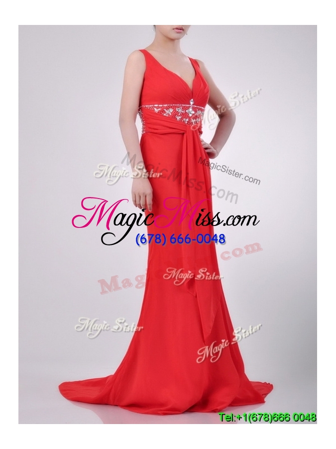 wholesale sexy v neck brush train chiffon beaded prom dress in coral red