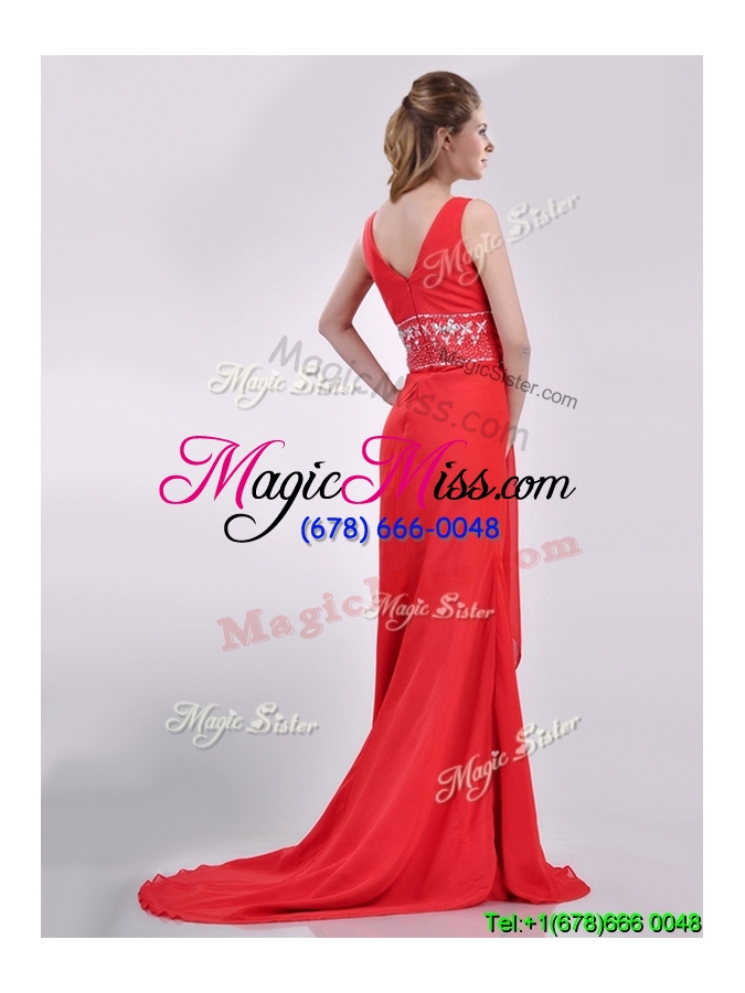 wholesale sexy v neck brush train chiffon beaded prom dress in coral red