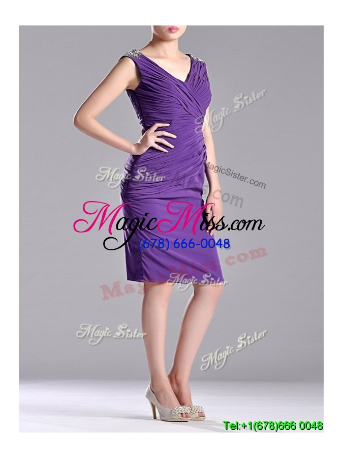 wholesale sexy column v neck knee-length short prom dress in purple