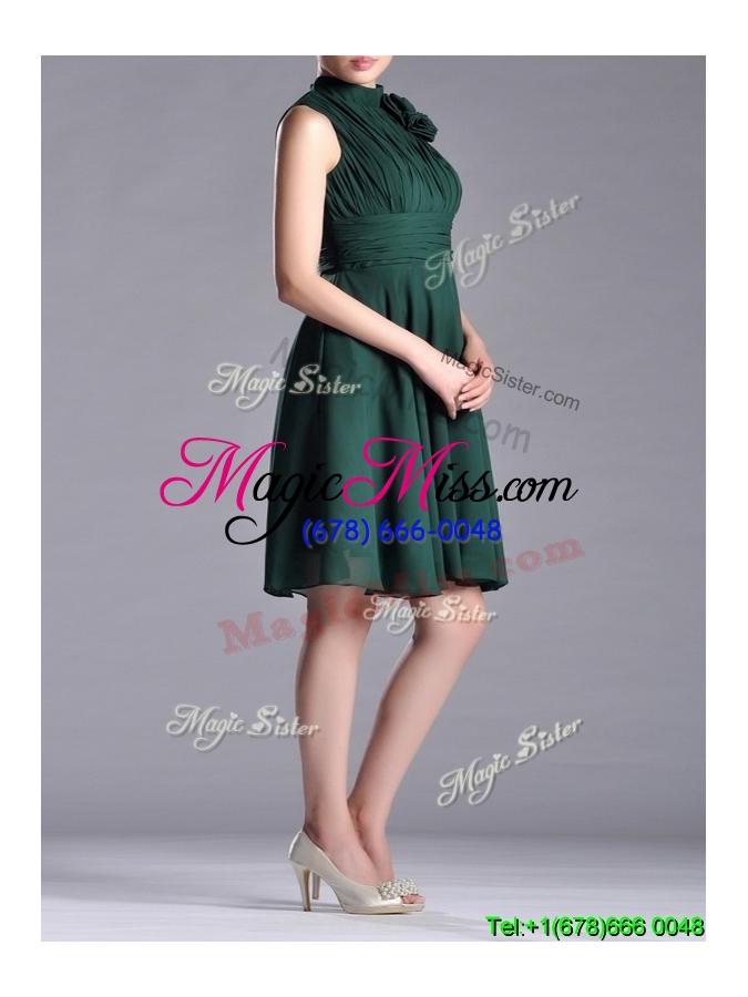 wholesale new high neck handmade flower dark green prom dress with open back