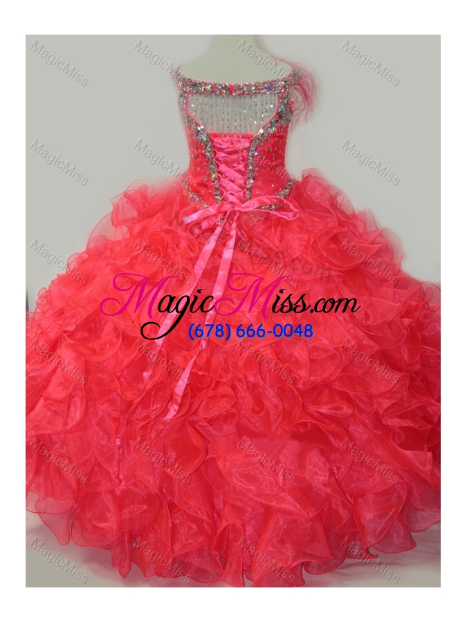 wholesale coral red ball gown v neck organza beading little girl pageant dress with lace up