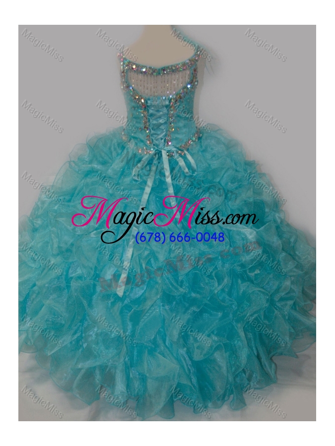 wholesale elegant ball gown v neck organza beading aqua blue lace up little girl pageant dress