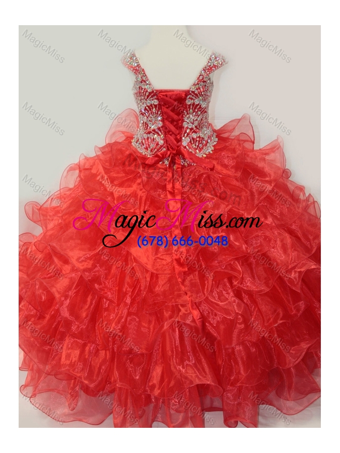 wholesale ball gown straps organza beaded bodice lace up little girl pageant dress in red