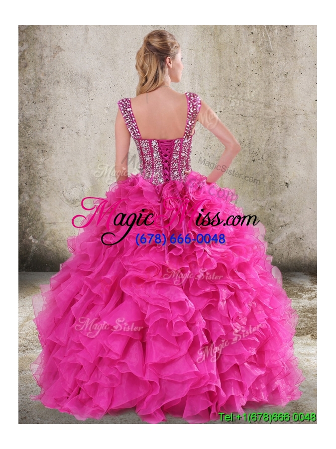 wholesale classical ruffled and beaded bodice detachable quinceanera gowns in hot pink