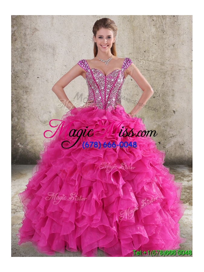 wholesale classical ruffled and beaded bodice detachable quinceanera gowns in hot pink