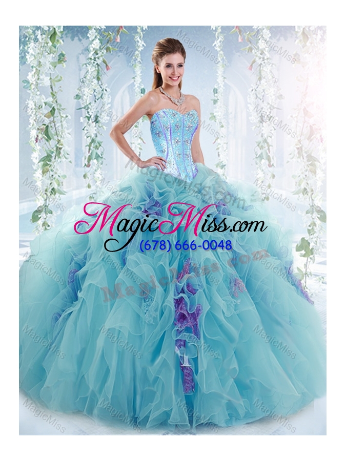 wholesale luxurious visible boning aquamarine detachable quinceanera gowns  with beading