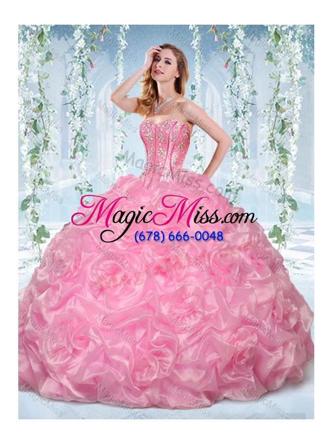 wholesale fashionable beaded and bubble organza detachable quinceanera gowns  in rose pink