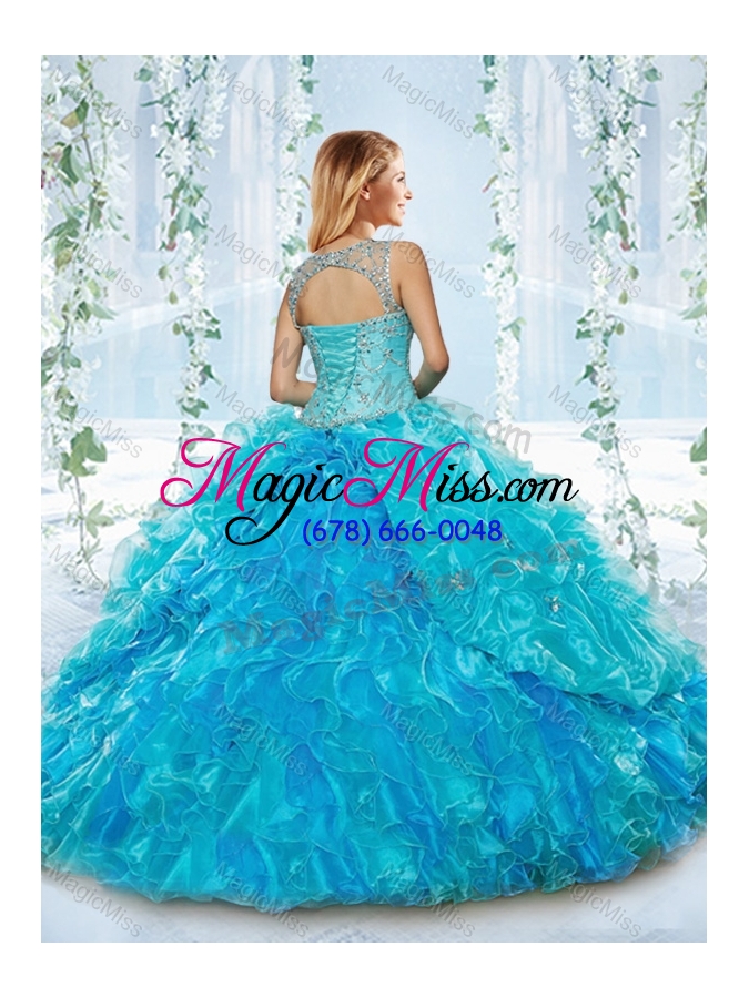 wholesale elegant see through beaded and ruffled detachable quinceanera gowns in blue