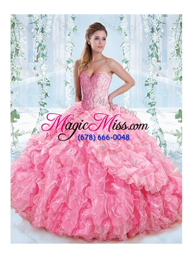 wholesale new style organza beaded rose pink quinceanera gowns with detachable straps