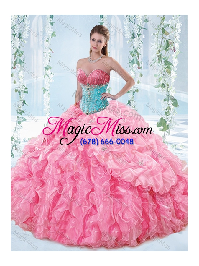wholesale exquisite rose pink detachable quinceanera gown with beading and ruffles