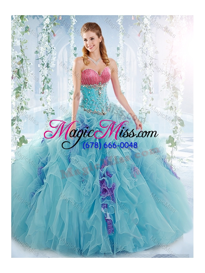 wholesale latest ruffled and beaded detachable quinceanera gowns in aquamarine
