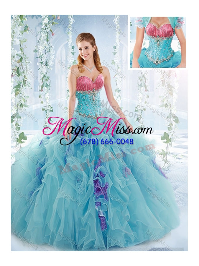 wholesale latest ruffled and beaded detachable quinceanera gowns in aquamarine