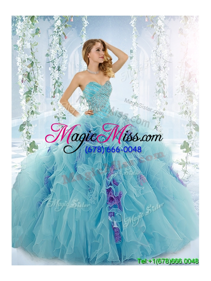 wholesale low price aque blue detachable sweet fifteen dresses  with beading and ruffles