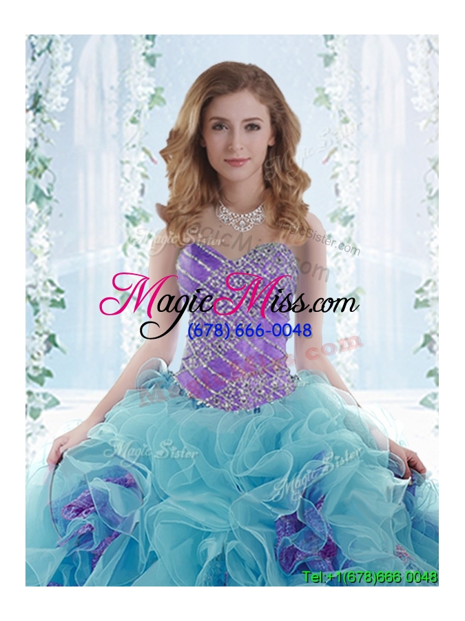 wholesale low price aque blue detachable sweet fifteen dresses  with beading and ruffles