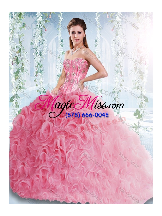 wholesale rolling flowers beaded bodice detachable sweet fifteen dresses in rose pink