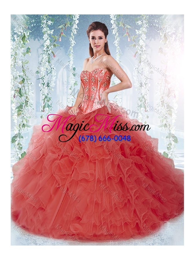 wholesale beautifu coral red detachable sweet fifteen dresses with beading and ruffles