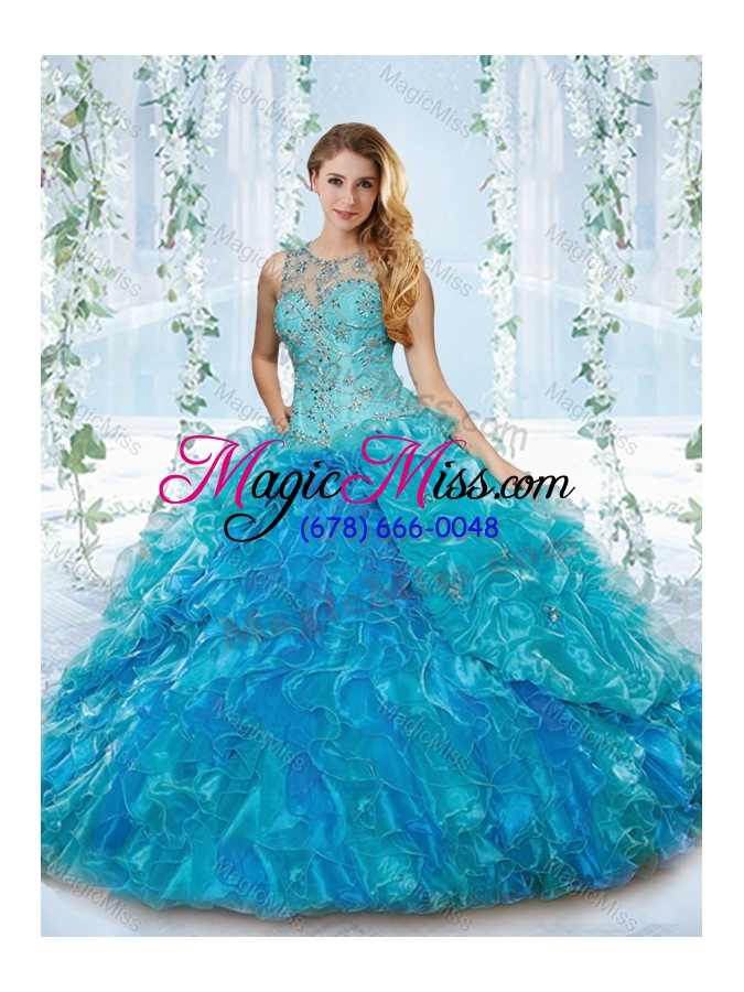 wholesale modern see through blue detachable sweet fifteen dress with beading and ruffles