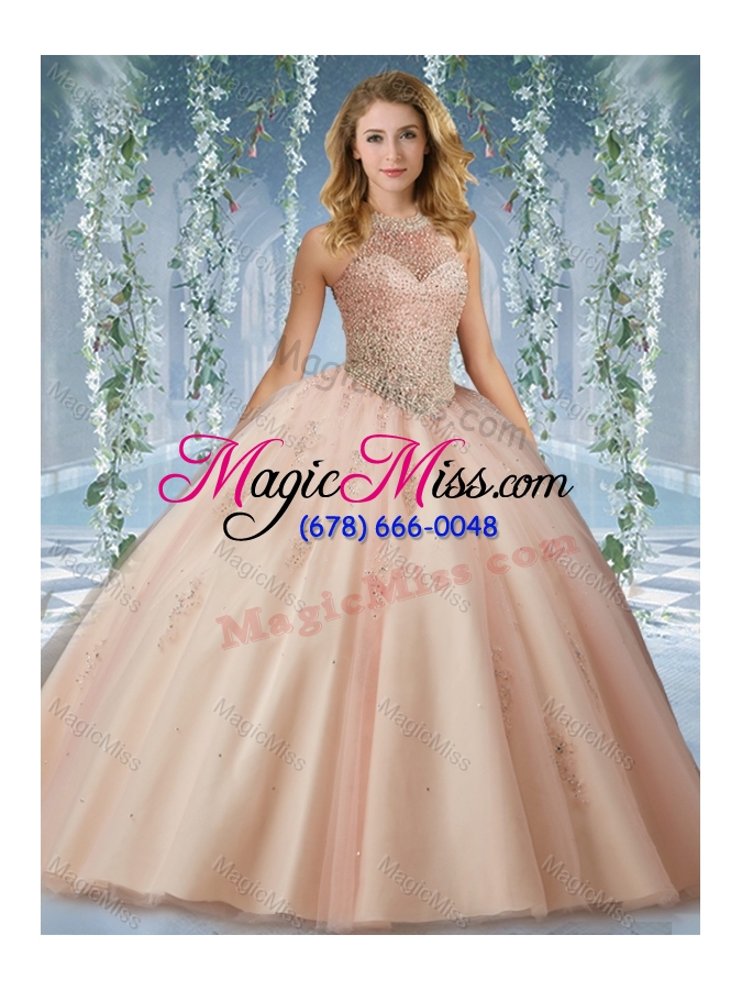 wholesale fashionable halter top champagne sweet sixteen dress with appliques and beading