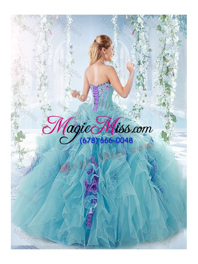 wholesale latest aquamarine sweet sixteen dresses  with beaded bust and ruffles