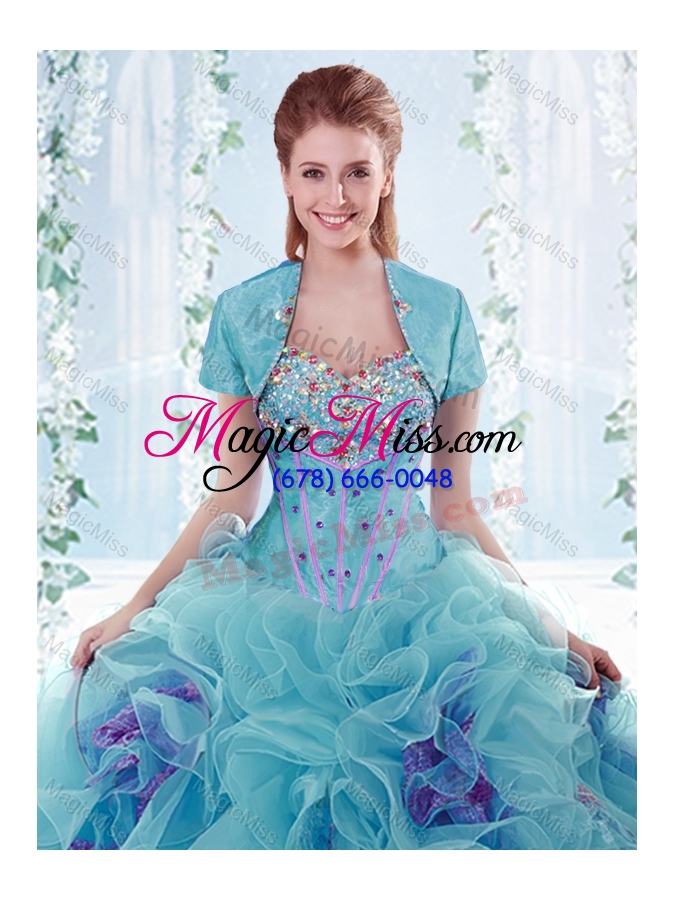 wholesale latest aquamarine sweet sixteen dresses  with beaded bust and ruffles