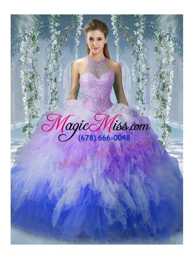 wholesale 2016 pretty halter top rainbow unique quinceanera dress with beading and ruffles