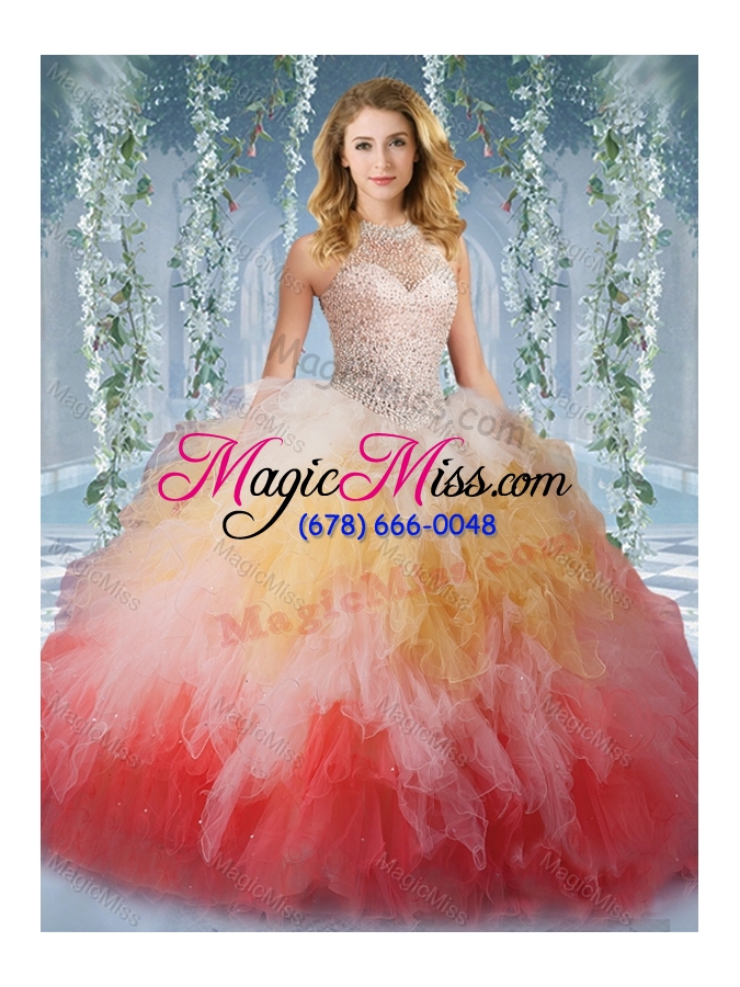 wholesale 2016 pretty halter top rainbow unique quinceanera dress with beading and ruffles