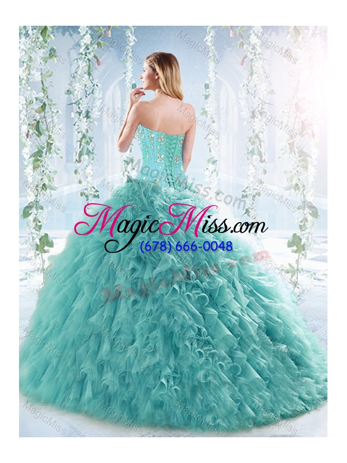 wholesale romantic beaded and ruffled aquamarine detachable quinceanera dress with brush train