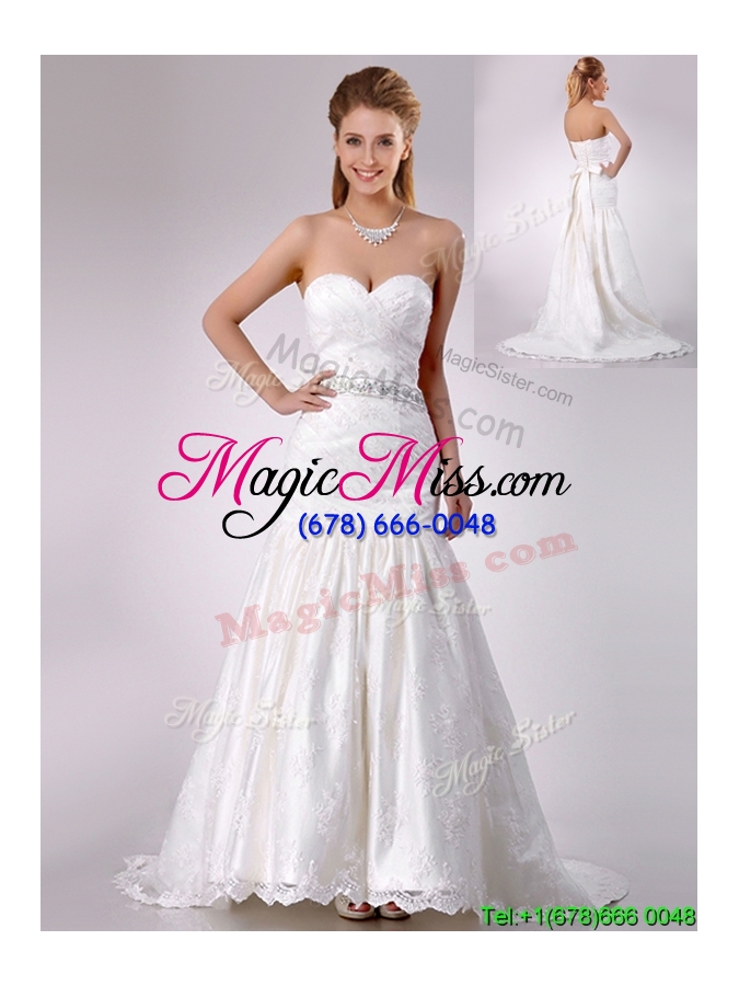 wholesale 2016 mermaid beaded and bowknot laced wedding dress with brush train