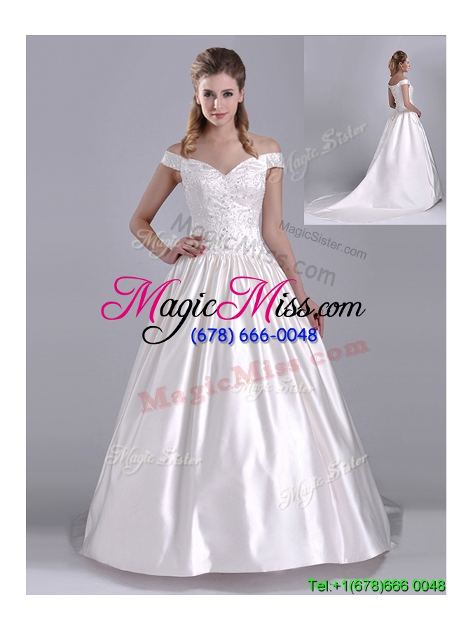 wholesale exquisite ball gown off the shoulder brush train beaded bridal dress in satin