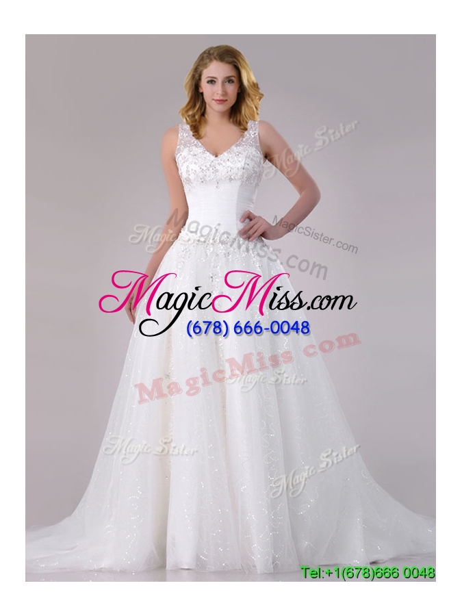 wholesale 2016 beautiful a line v neck court train bridal dress with beading and sequins