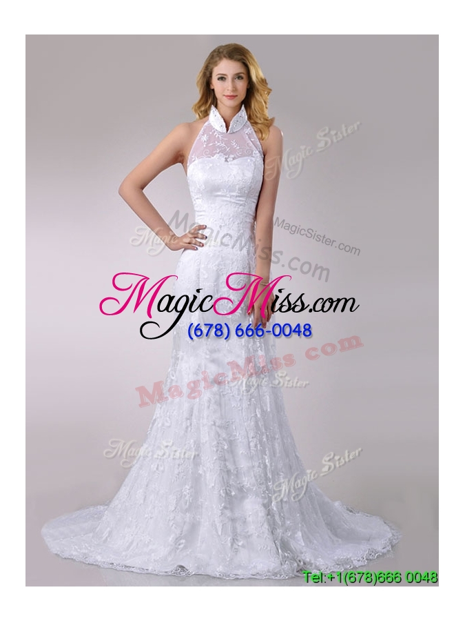 wholesale most popular halter top mermaid lace wedding dress with brush train for 2016