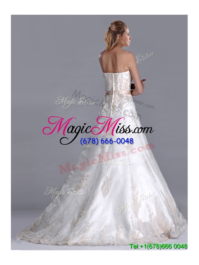 wholesale popular princess strapless applique and belted wedding dresses with brush train